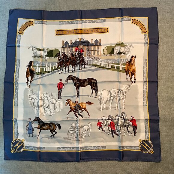 Hermes Silk Scarf Carre "LES HARAS NATIONAUX" Blue Silk Scarf - Picture 1 of 2